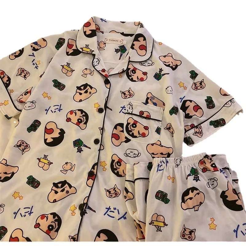 Crayon Shin-chan Spring Summer Pajamas Set Terylene Pajamas Turn-down for Women Collar Short-sleeved Shorts Leisure Home Clothes