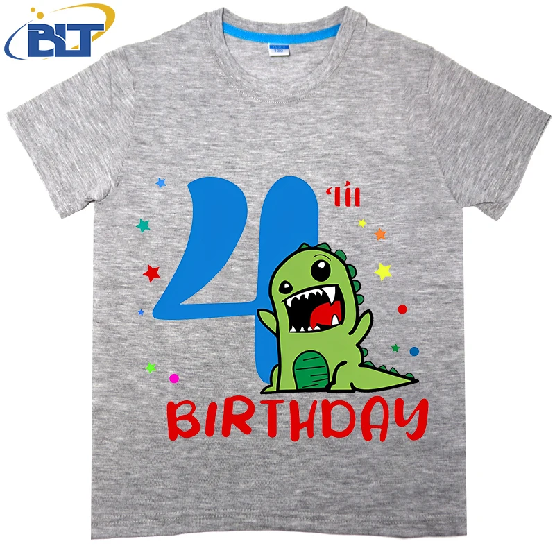 

Funny Dinosaur 4TH Birthday printed kids T-shirt, summer cotton short-sleeved casual top, suitable for both boys and girls