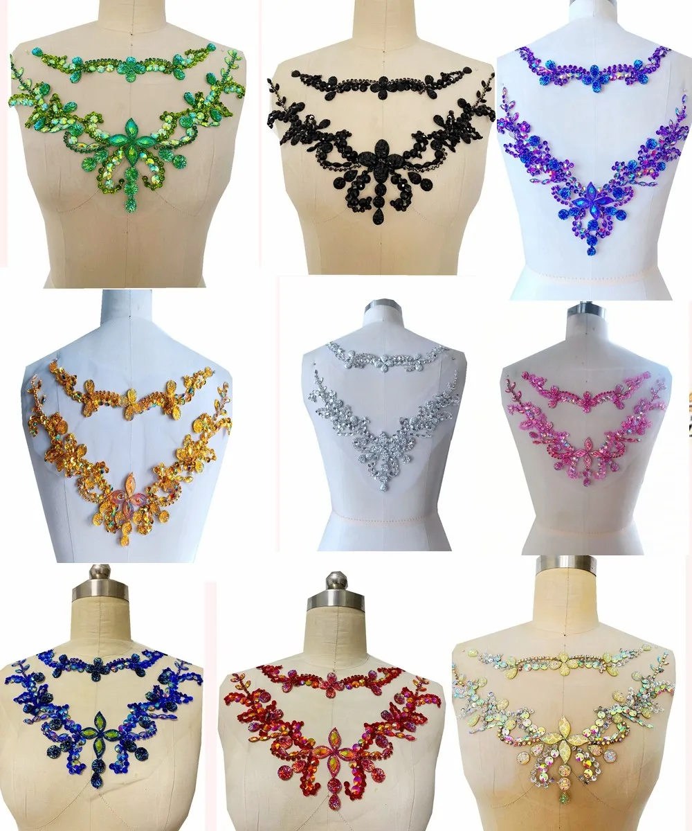 

Hand-Sewn Beaded Applique Patch Rhinestone Trims for Bridal Prom Dresses Gowns Multi Color Front Back Embroidered Patches