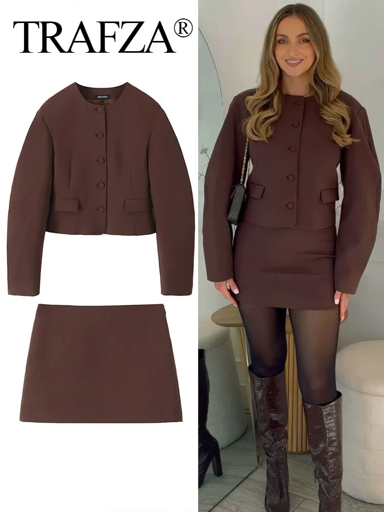 TRAFZA 2024 Autumn New Women Fashion Solid Set O Neck Balloon Type Short Coat Top + Wild Streetwear Slim Woman Brown Mini Skirt