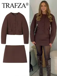 TRAFZA 2024 Autumn New Women Fashion Solid Set O Neck Balloon Type Short Coat Top + Wild Streetwear Slim Woman Brown Mini Skirt