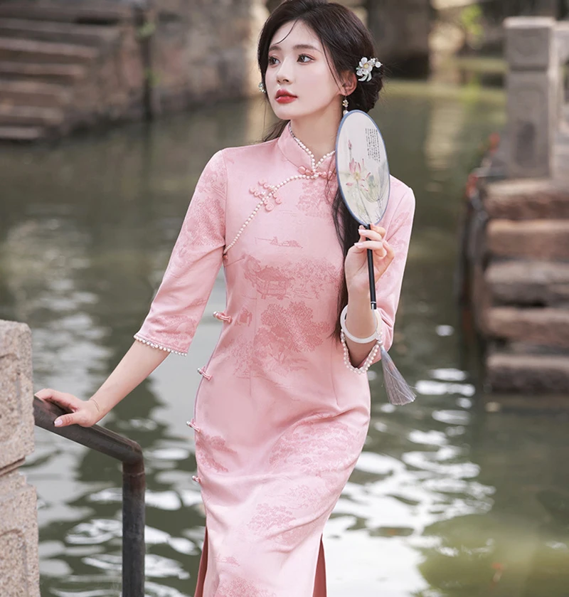 2024 Autumn/Spring New Improved Cheongsam Dress 3/4 Sleeves Long Traditional Qipao Evening Dresses Chinese Vintage Qipao Costume