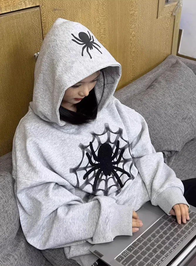 

retro trendy brand spider letter hooded sweater women's spring and autumn thin loose original style casual versatile top