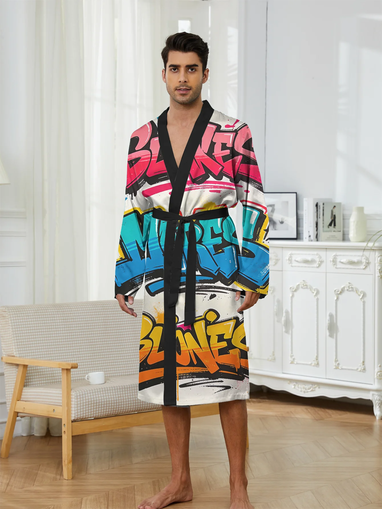 New men's 3D digital printed robe, fashionable and casual home sleeping robe, comfortable and non fading