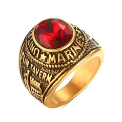 Vintage Gold Color Stainless Steel Red Stone Men Ring US Marines Punk Rock Ring Male Jewelry Gift