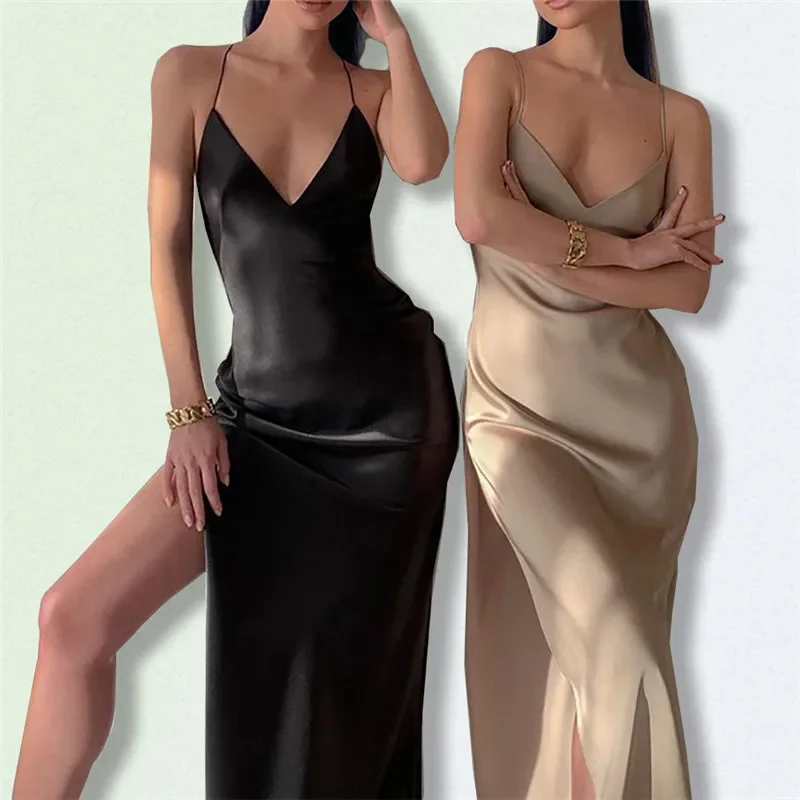 Deep V Solid Backless Slit Party Satin Silk Long Dress Summer Suspenders Slim Fit 2024 Women Y2K Sleeveless Sexy Evening Dress