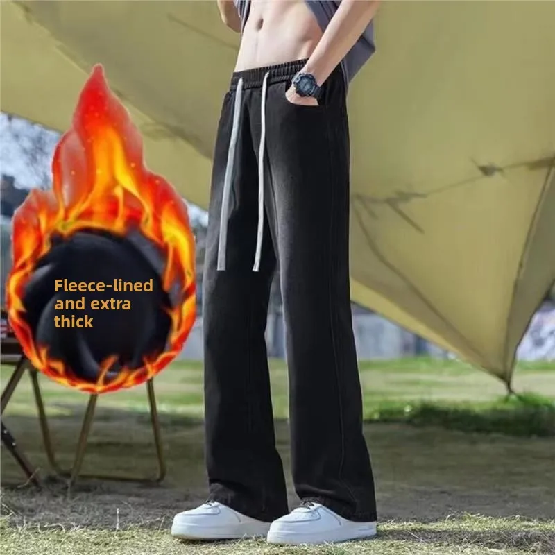 

Мужские джинсы с широкими штанинами на флисовой подкладке, свободного кроя, с высокой талией, прямого кроя, повседневные брюки, осенне-зимняя мода, ретро-американский стиль