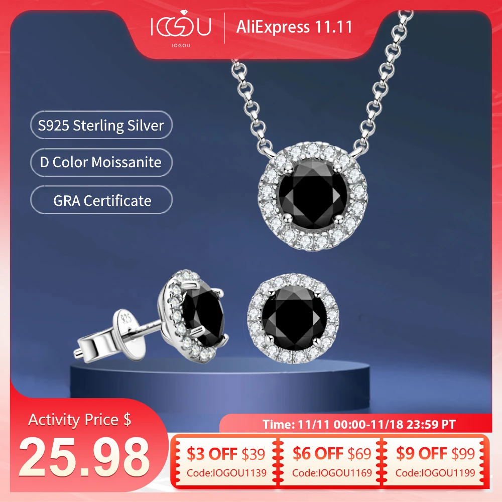 925 Sliver Moissanite Pendant Necklace Stud Earrings Sets Black Diamond Jewely Set 18k White Gold Plated for Women with GRA Gift