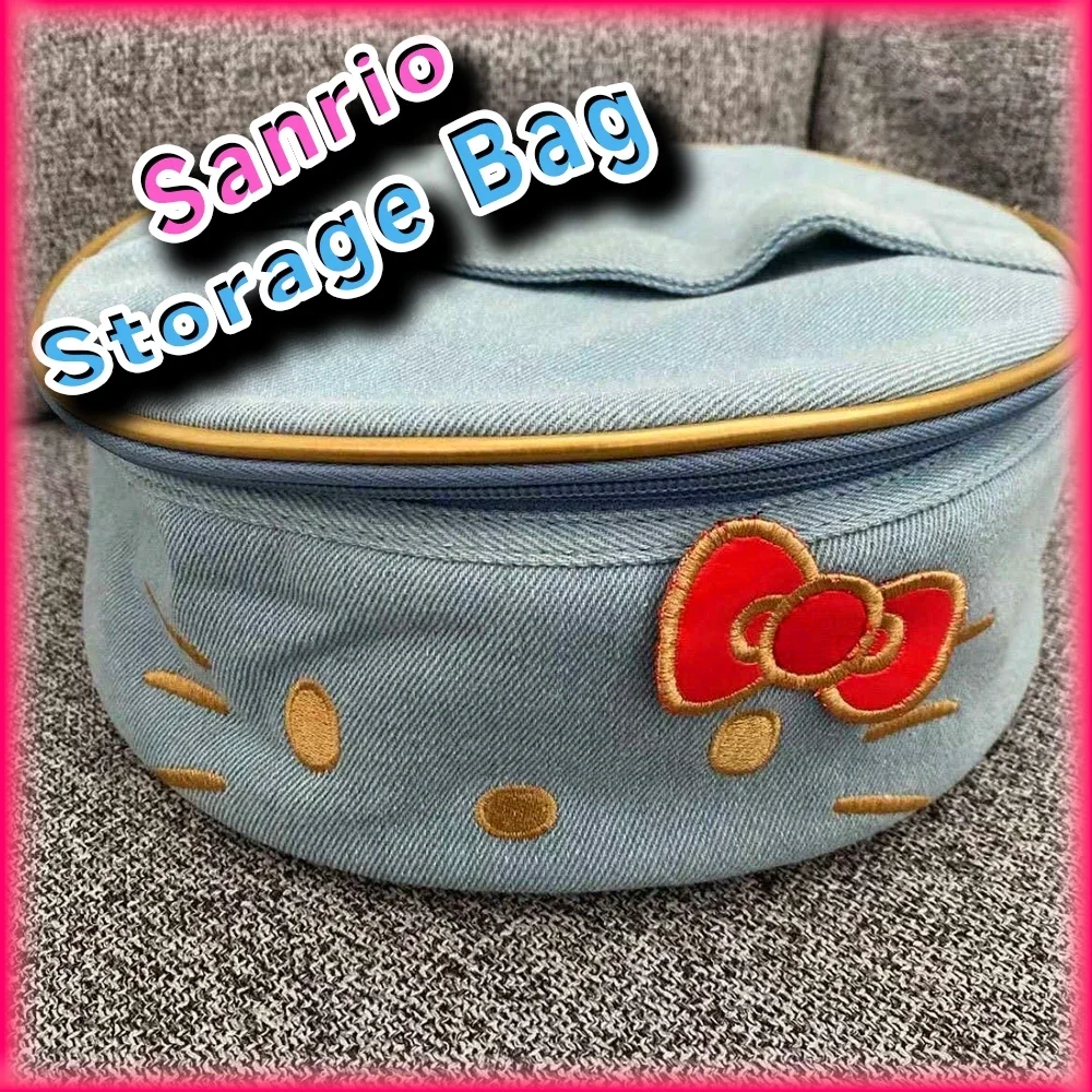 

Kawaii Hello Kitty джинсовая косметичка Sanrio аниме косметичка модные милые круглые сумки для мытья Y2k модные сумки для хранения