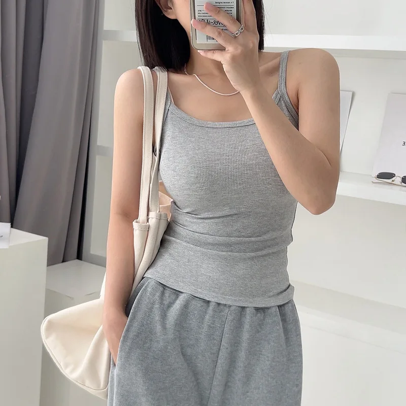 #0436 Stretch Cotton Skinny Camis Top Women Solid Color Skinny Crop Top Femme Solid Color Sleeveless Short Croped Summer