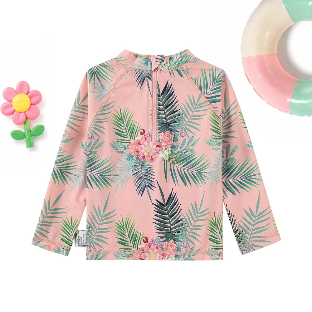Girls Long Sleeve Rash Guard Swimsuit UPF50+ UV Protection Kids Surfing Swimwear Top Tropical Floral Beach Bathing Suit