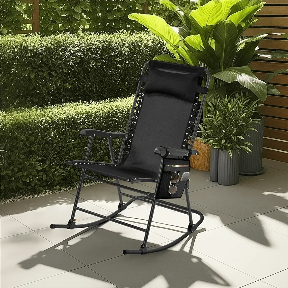 26in Outdoor Rocking Chair Foldable Lounge Chair With Backrest Armrest Patio Lounge Camping Chair With Pillow Portable Folding