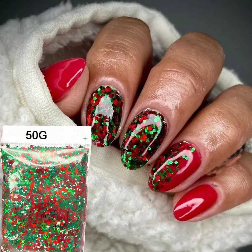 

50g Christmas Nail Glitter Nail Sequins Xmas Red Green Hexagon Chunky Nail Flakes Powder Sparkly Manicure Art Glitter Supplies