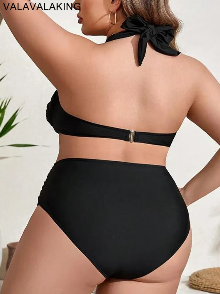 2024 Black 2 Piece Plus Size Bikini Women Tied Halter Large Swimsuit High Waist Lady Swimwear Push Up Chubby Curvy Bathing Suit