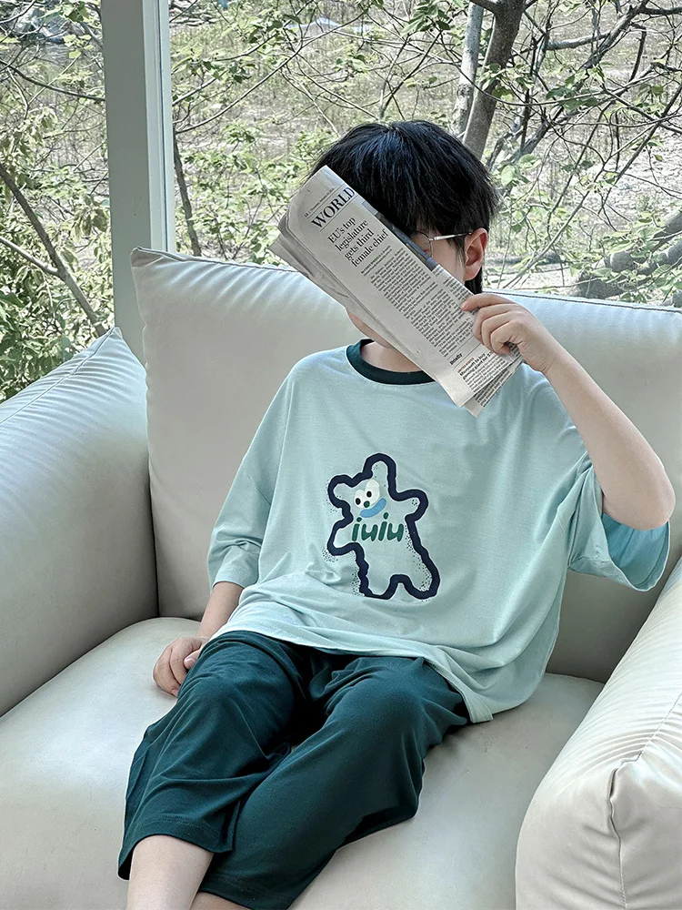 Children's Woven Modal Pajamas Summer Children's Loungewear Boy Summer Air Conditioning Room Clothes Suit