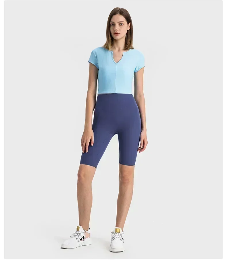 Lemon-Haut de sport à manches courtes pour femme, pull à col en V, tissu de lit en deau, haut de taille fine, vêtements de sport, chemise de yoga, vêtements d'extérieur sportifs