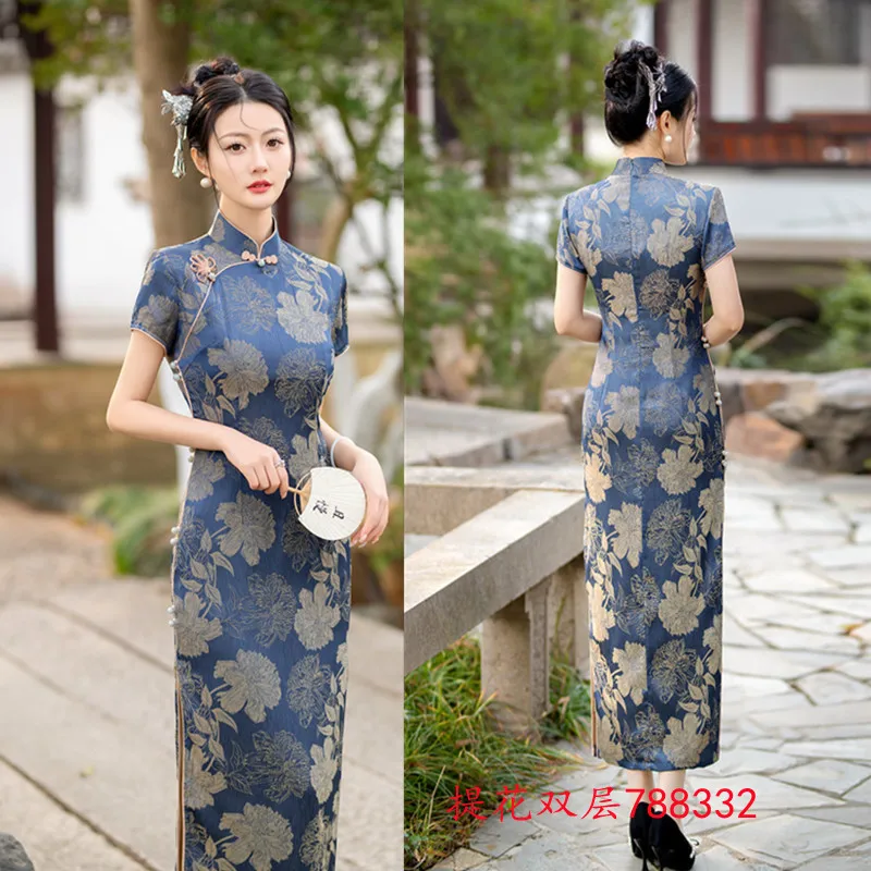 Retro สไตล์ชาติพันธุ์แขนสั้น Robe Qi Pao แบบดั้งเดิมวัยกลางคนผู้สูงอายุ Lady อารมณ์ Cheongsam