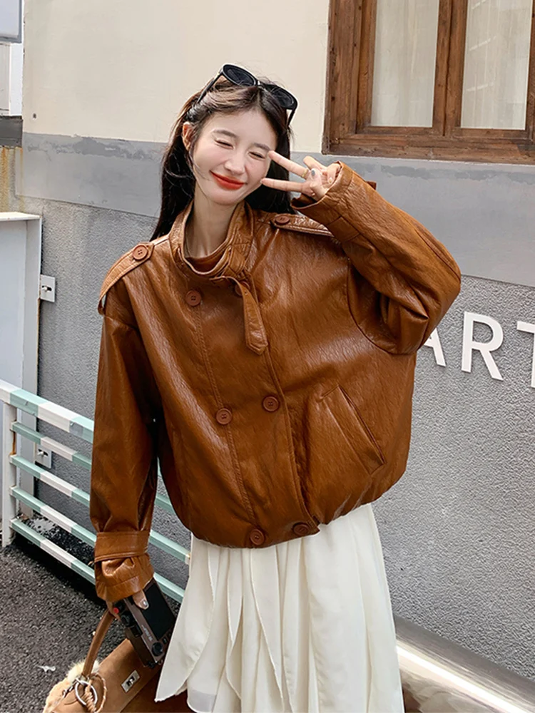 レトロブラウンPUレザージャケット レディース ショートスリーブ 春秋 2025新作 人気 おしゃれ レザーコート カジュアル ルーズフィット