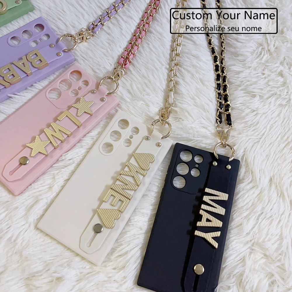 

Custom Name Logo Gold Letters TPU Lanyard Phone Case For Samsung S24 A53 A33 A13 5G A03CORE F52 A03S M32 F22 Personalized Cover