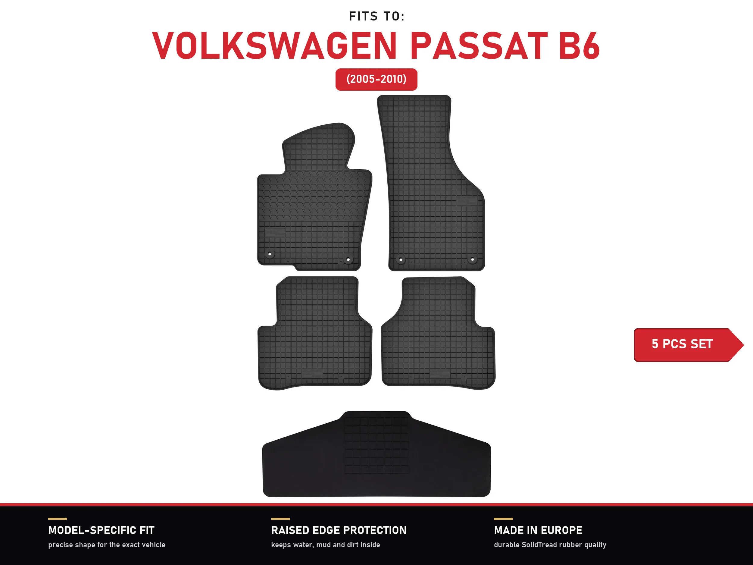 Rubberen vloermatten met tunnel voor: Volkswagen Passat B6 2005-2010 5 stuks