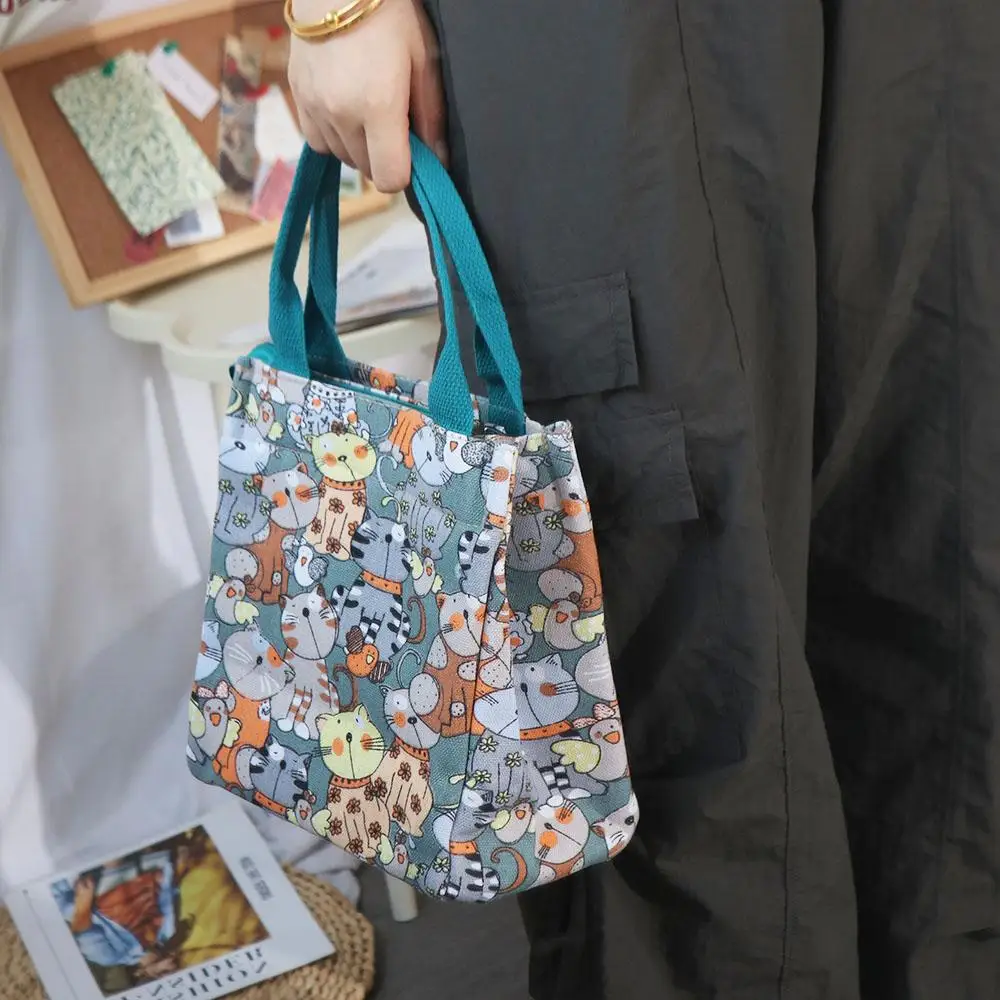 

Cute Cat Pattern Cartoon Lunch Bags Large Capacity Phone Pockets Portable Mommy Bag Storage Bag Canvas Handbag Streetwear