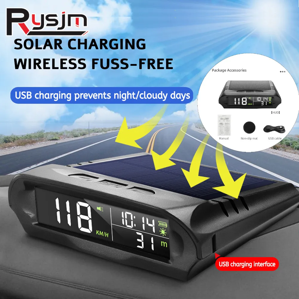 

HD X98 Solar HUD Wireless Car Head Up Display Digital GPS Speedometer Km/h MPH Unit Over-speed Alarm Solar Charging