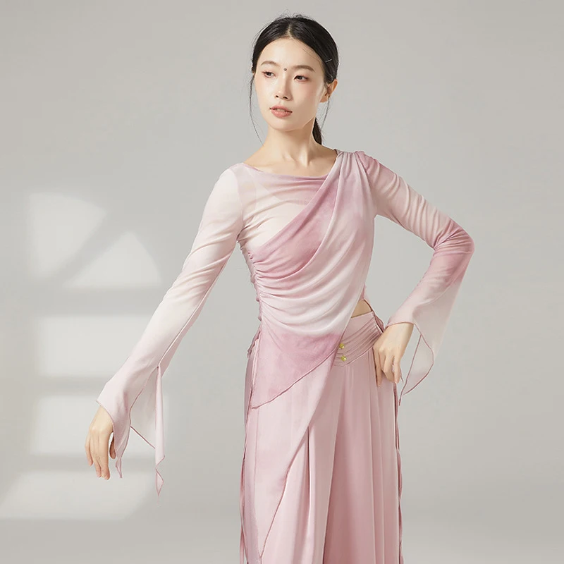 Women Classical Dance Mesh Top Long Slit Flared Sleeve Shirt Prints Saree Blouse Slim Chinese Hanfu Performance Training Clothes