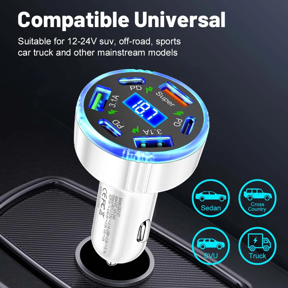 Powerful Multi Device Car Charger with PD Support 6 USB Ports Designed for Quick and Safe Device Charging in Vehicles