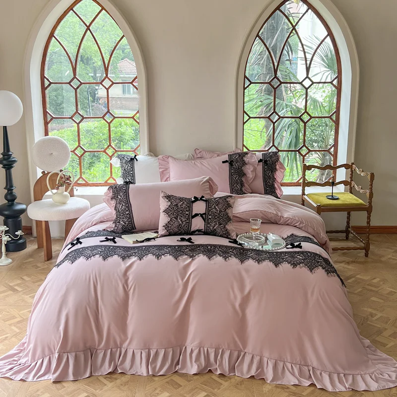

Vintage French Black Lace Ruffles Bedding Set Solid Color Duvet Cover Set Flat/Fitted Bed Sheet Pillowcases With Pillowcases