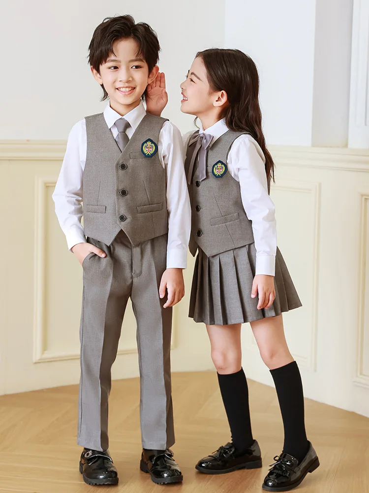 

Boys Girls Kindergarten Photograph Suit Children School Clothing Set Kids Vest Shirt Pants/Skirt Tie Badge 5PS Wedding Dress