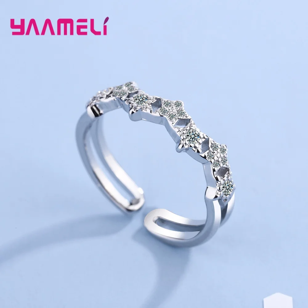 925 Sterling Silver Cute Star Crystal Resizable Rings For Women Girls Wedding Engagement Jewelry Wedding Party Gift