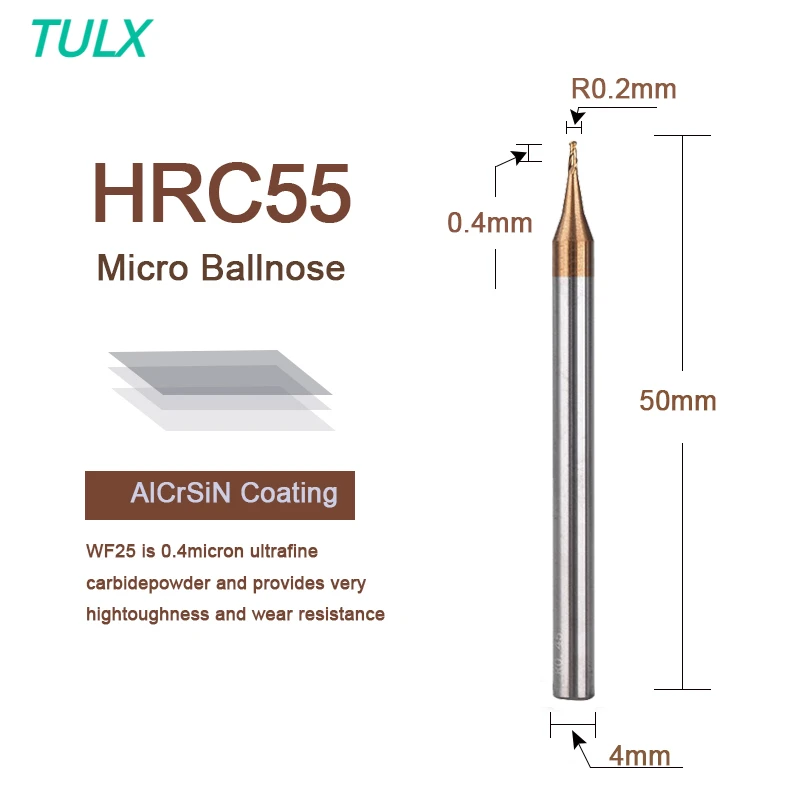 

TULX R0.1-R0.5 HRC55 Micro Ball Nose Carbide End Mill Two Flutes TiCN Coated Tungsten Carbide Milling Bit CNC Machine Router