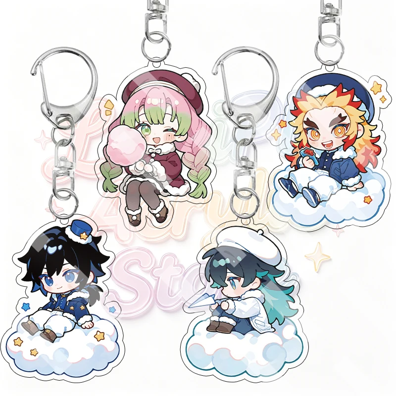 Anime Demon Slayer Cloud Q Version Acrylic Keychain Kawaii Cartoon Character Kyojuro Rengoku Obanai Iguro Pendant Key Ring Gifts