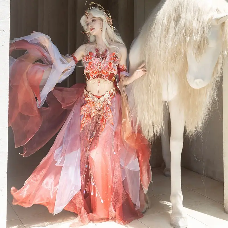 

Розовая киноварь Hanfu с бабочкой в западном регионе для девочек, китайский стиль, фея, экзотический комплект с тяжелой вышивкой, костюм для косплея на Хэллоуин