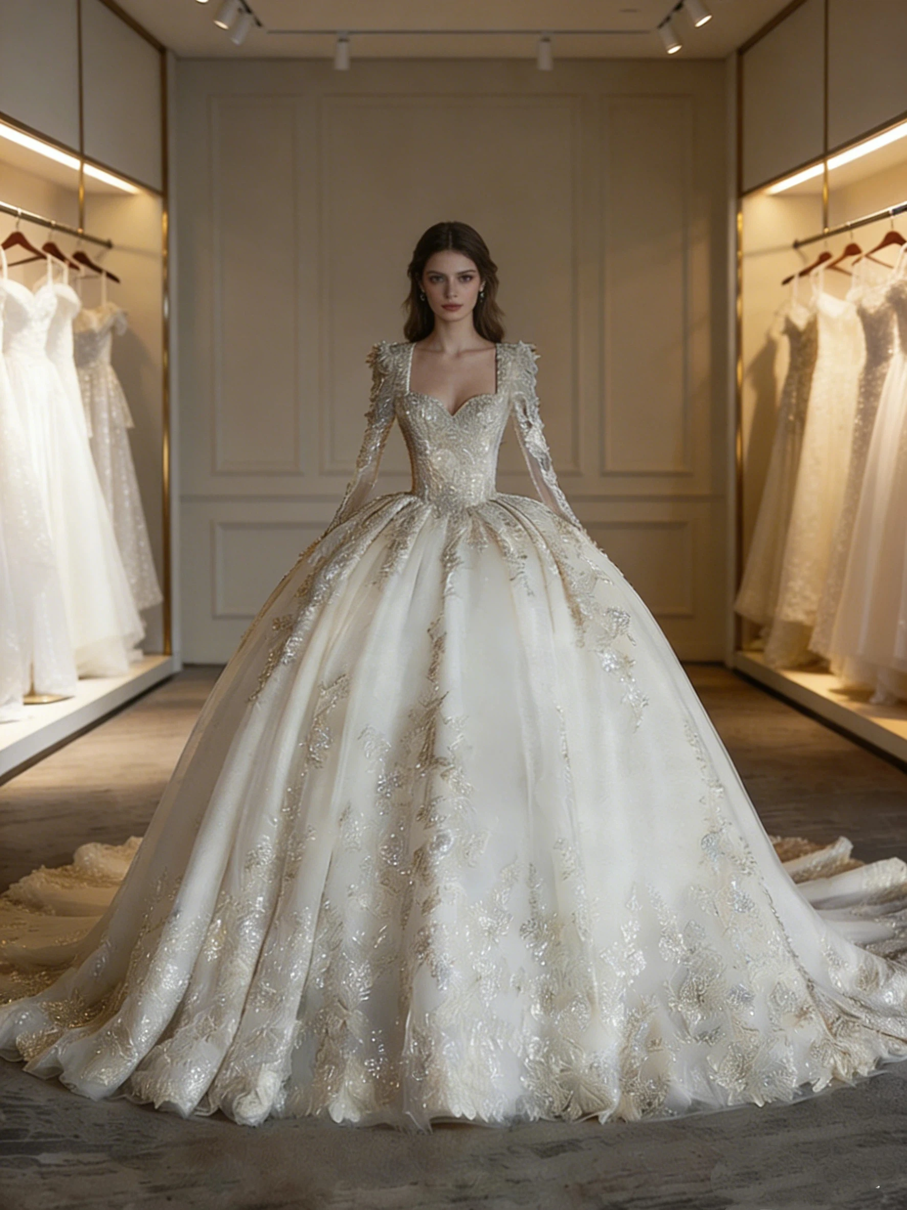 

Изысканное кристальное свадебное платье А-силуэта с кружевом и бисером, сексуальное, с вырезом «сердечко», с длинными рукавами, на заказ