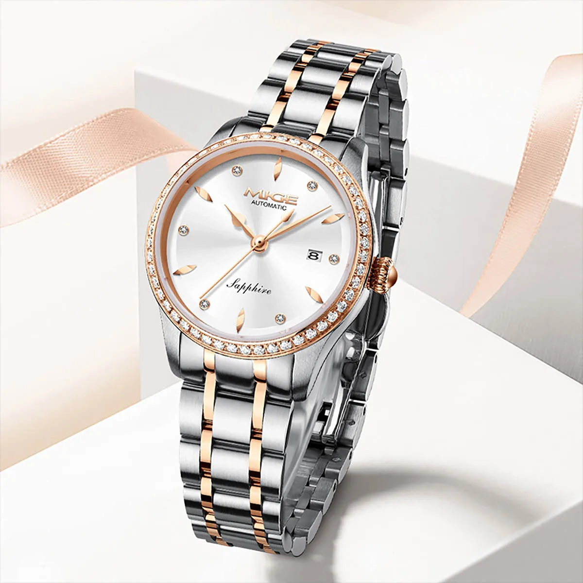 MIGE Original Automatic Mechanical Women Wristwatches Genuine Leather Strap Waterproof Calendar Fashion Watch For Women Sapphire
