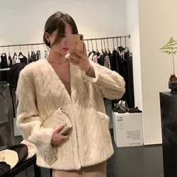 Faux Mink Fur Coat for Women, Female Temperament V-neck, Loose Outwear, Casual Pure Color Top, Integrated, Environmental Protect