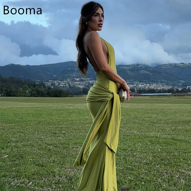 

Booma Elegant Backless Mermaid Pleat Evening Dresses Formal Party Gowns for Women Sleeveless Long Sexy Prom Gown Customize