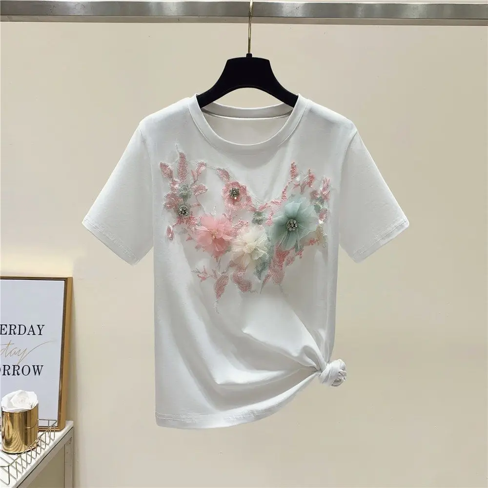 Korean Sle Embroidered ort Sve round Ne Loose Fit Women's T-irt Summer New Arrival Comfortable Versatile Top