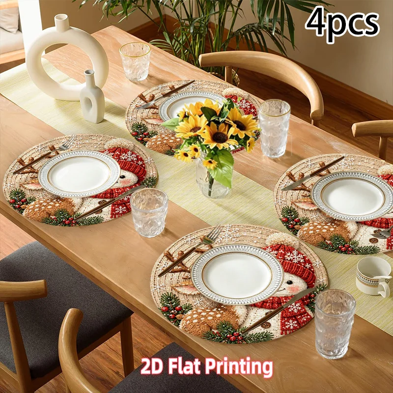 VIKAMA Cartoon Reindeer Snowman Round Placemat, Non Slip Washable Heat Resistant Table Mat, Christmas Holiday Kitchen Decor
