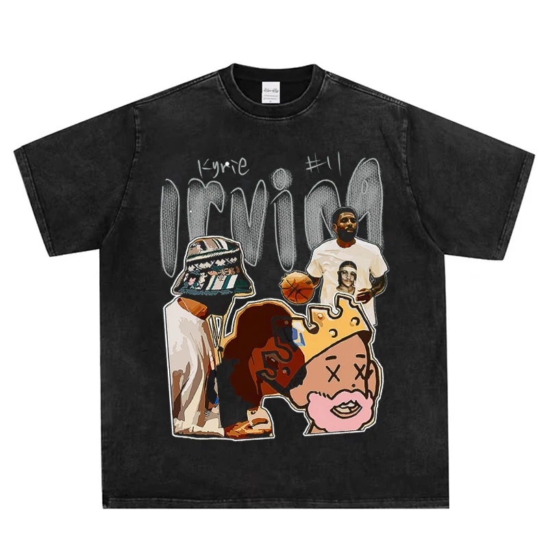 

2025 KyrieIrving's American Retro Print Heavyweight Pure Cotton Collar Short-sleeved Sporty Basketball T-shirt