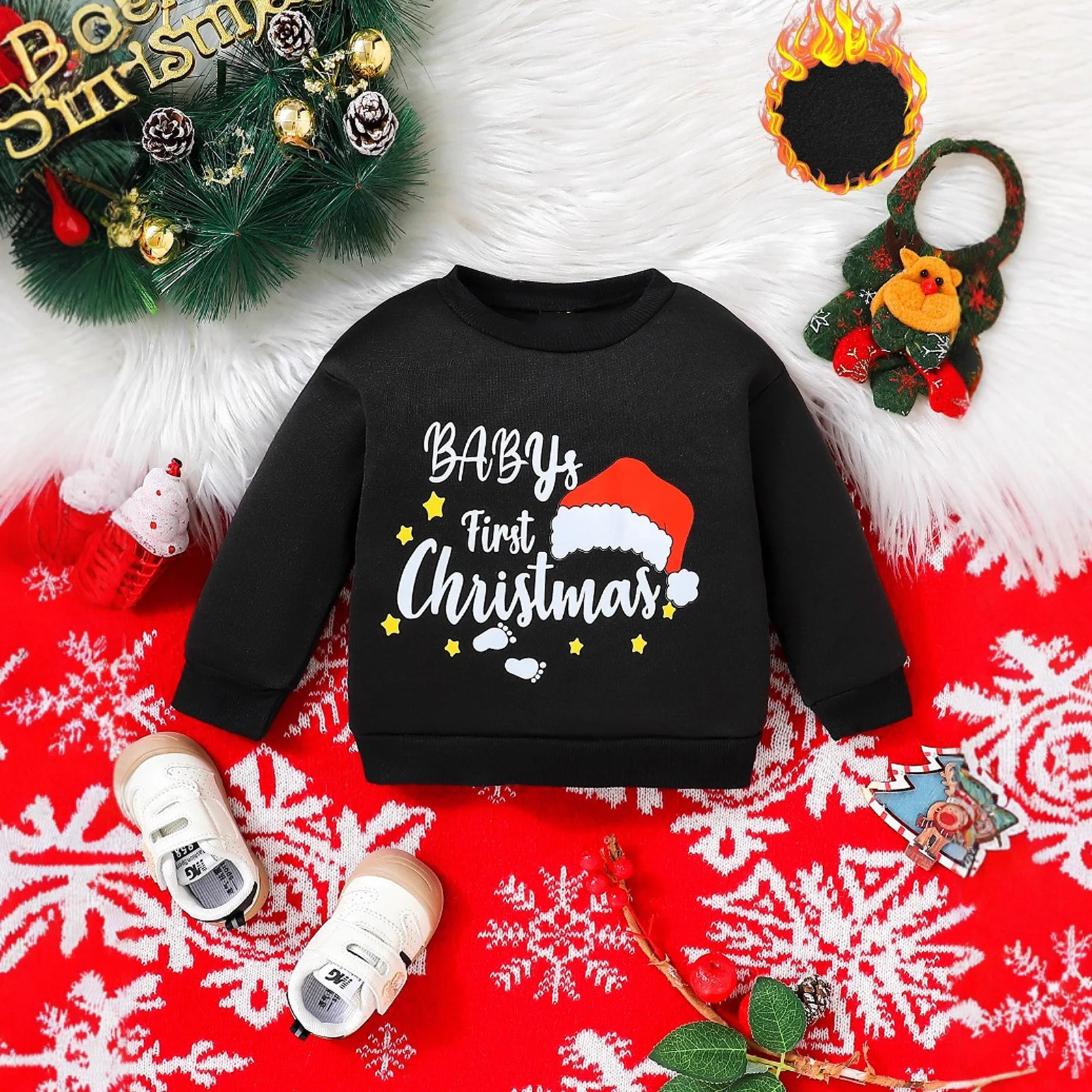 

Christmas Sweatshirt for Toddler Baby Girl and Boy Letters Santa Hat Print Pullover Crew Neck Long Sleeve Hoodies