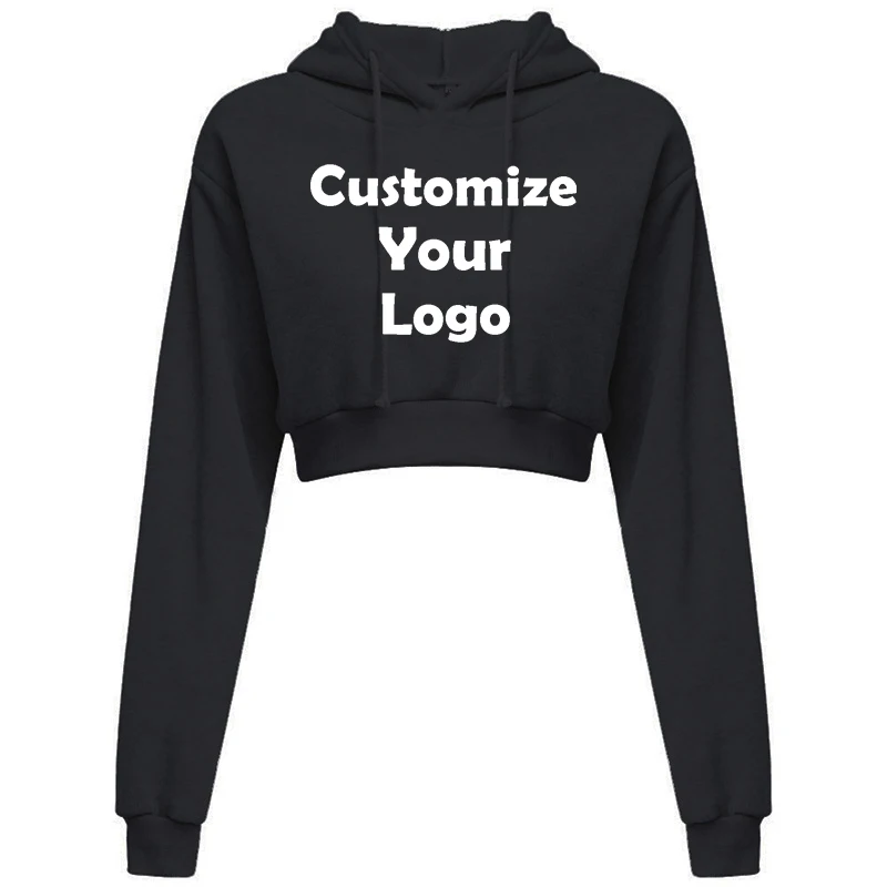 Customized Women Crop Top Hoodie Casual Long Sleeve Hooded Short Sweatshirt Sexy Printed Crop Sweaters