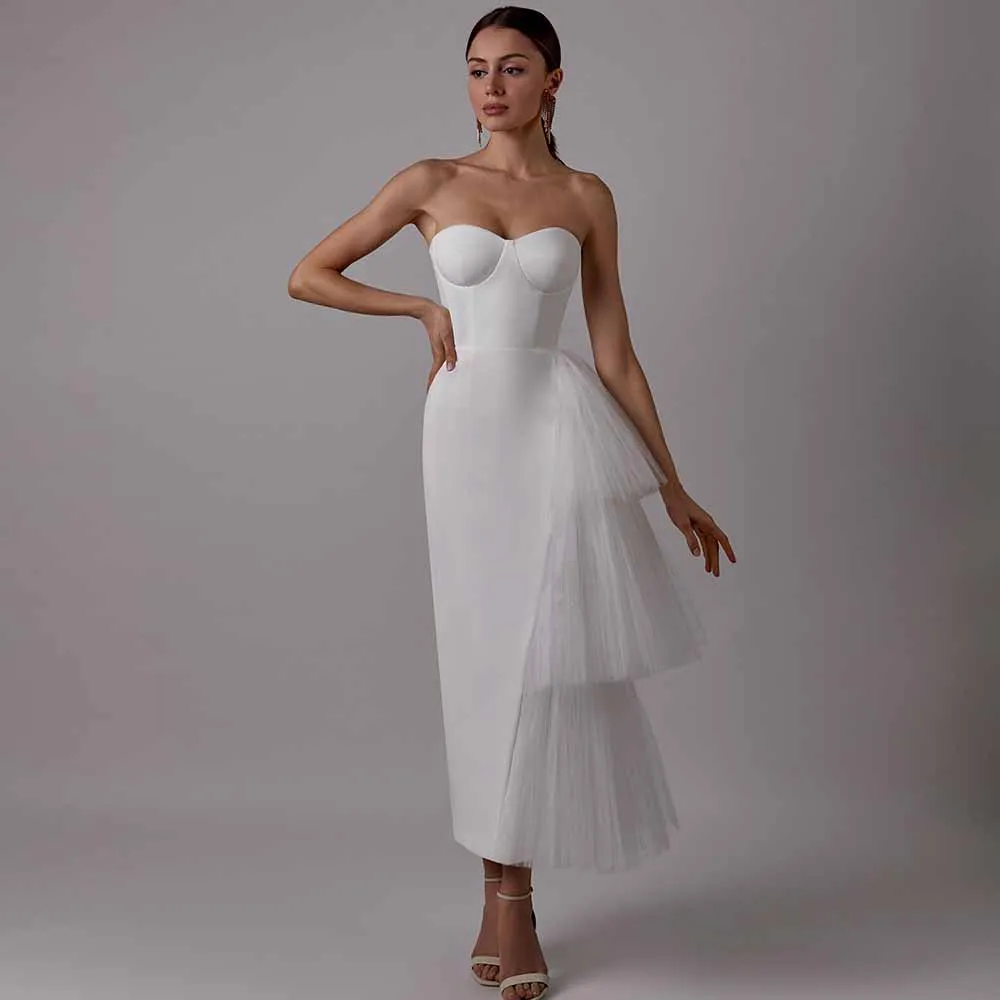 Classy Midi Wedding Dresses Satin Sheath/Column Wedding Party Dress White Sweetheart Tiered Ruched Split Hall Wedding Dress Mid