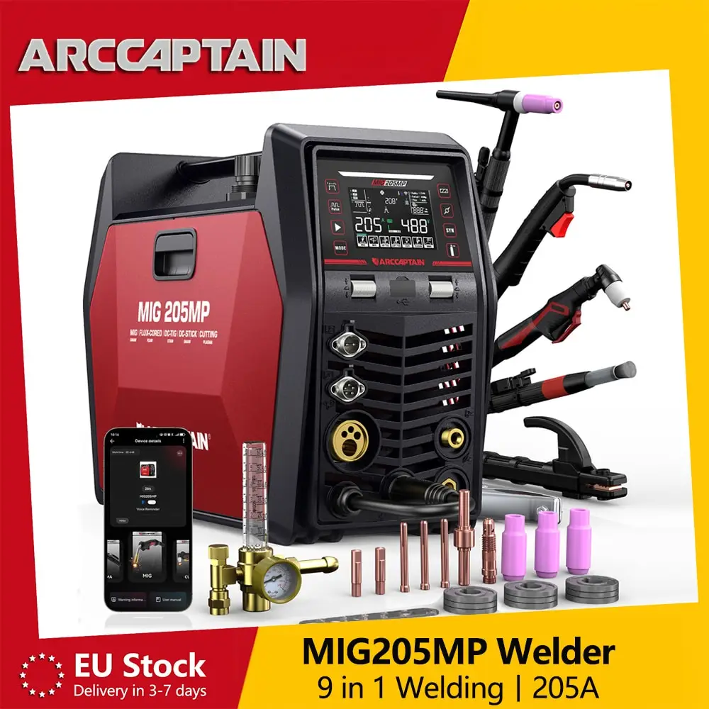 ARCCAPTAIN MIG205MP MIG-Schweißgerät mit Plasmaschneider, 9-in-1-Schweißmaschine, App-Steuerung, Puls-MIG/Flux-Core/Cut/DC HF/Lift TIG/Clean/Stick/Spool Gun Aluminiumschweißen