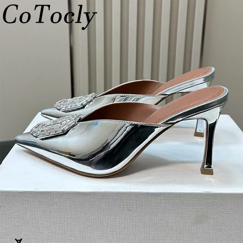 

2025 New High Heels Slippers Women Pointed Toe Rhinestone Party Shoes Female Summer Sexy Stiletto Crystal Modern Slides Woman