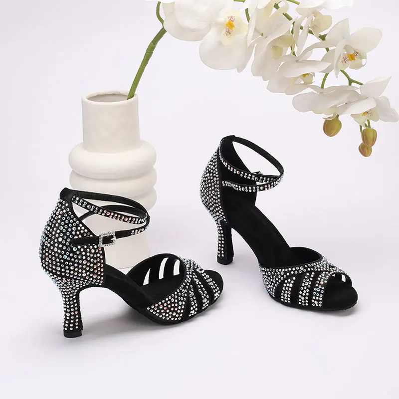 

Обувь для латинских танцев с бриллиантами, женская обувь на высоком каблуке с мягкой подошвой и жемчугом, свадебная вечеринка, обувь для сальсы, бальных танцев, сандалии