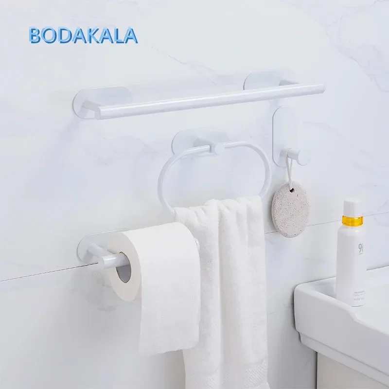 White Silver 304 Stainless Steel Towel Bar No Drilling Paper Holder Self-adhesive Towel Ring Robe Hook Bathroom Accessories Set