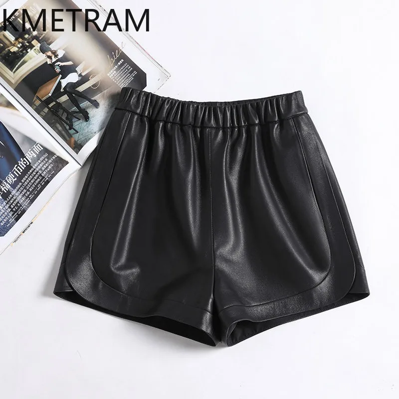 KMETRAM Genuine Sheepskin Women's Shorts High Waist Straight Shorts for Woman Pure Leather Shorts Slim Elastic Waist Trousers 바지