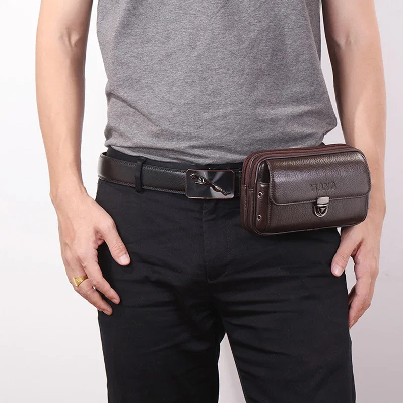 New Men Fanny Cell/Mobile Phone Cigarette Bags Belt Pack Double Zipper Wallet Pocket Case Purse Genuine Leather Waist Pack Bag